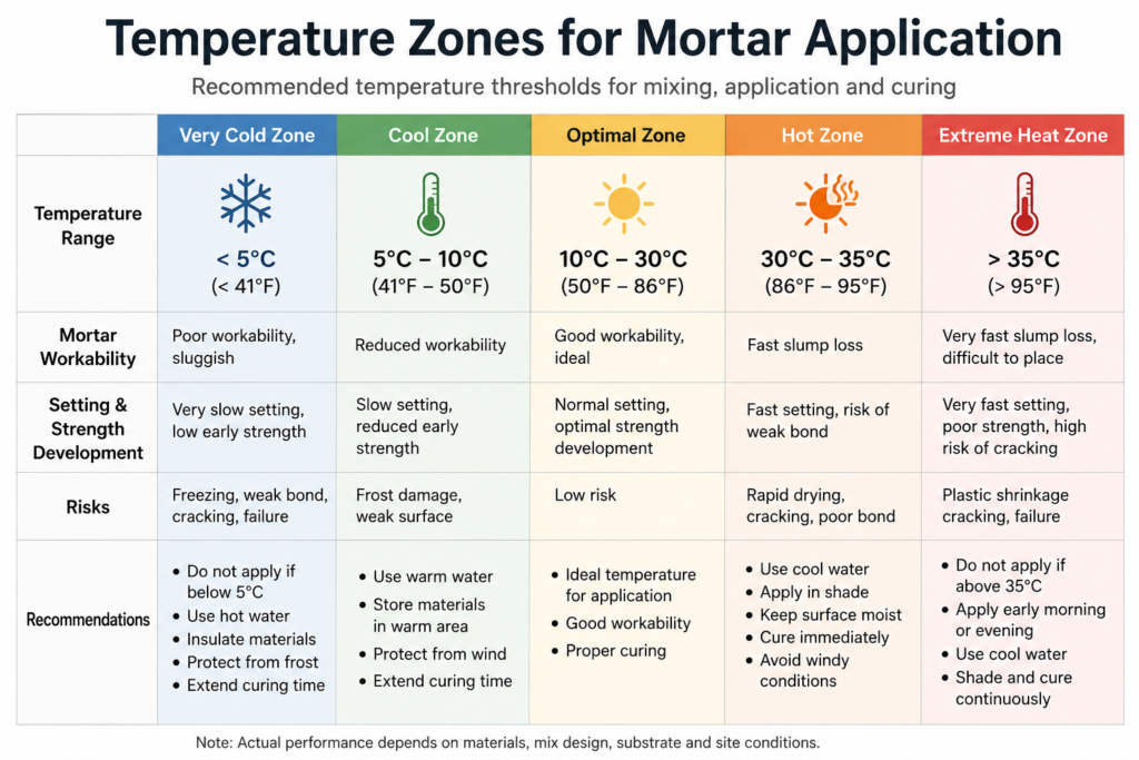 Mortar temperature thresholds chart Temperature zones for mortar application