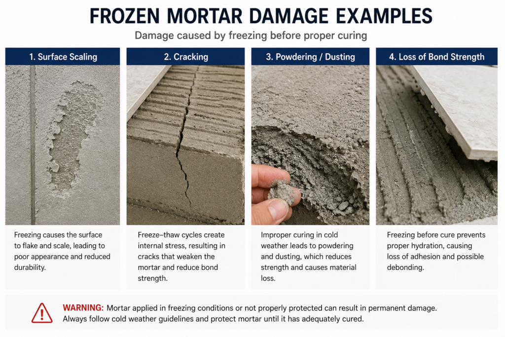 Cold weather mortar failure Frozen mortar damage examples
