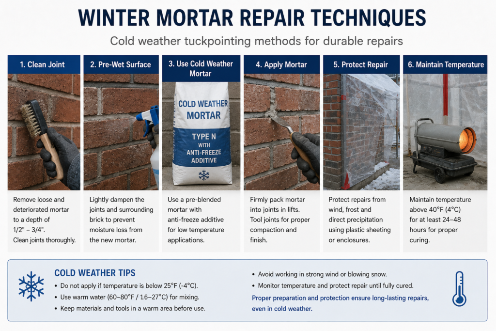 Cold weather tuckpointing methods Winter mortar repair techniques