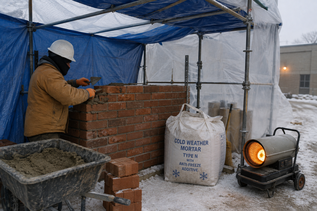 Winter masonry work setup Bricklayers cold weather protection