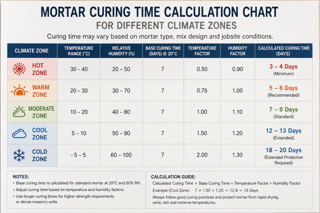 Mortar curing time calculation chart Mortar curing time calculation chart for different climate zones