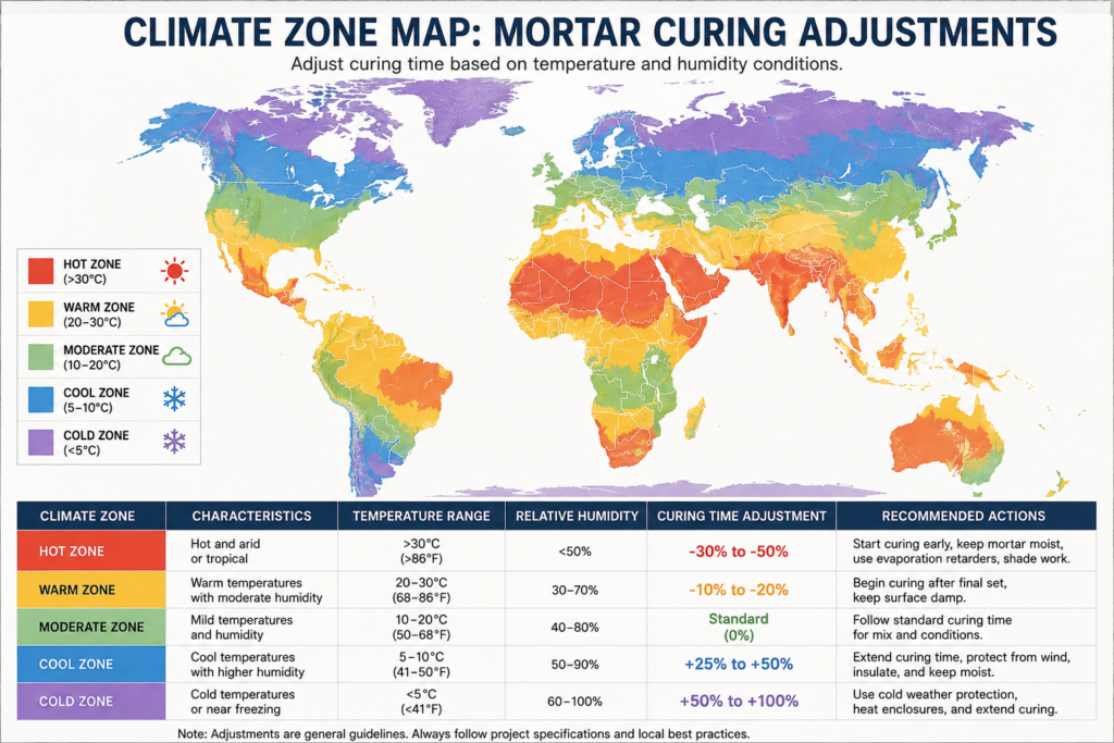 Climate zone curing adjustment map Climate zone map showing mortar curing adjustments