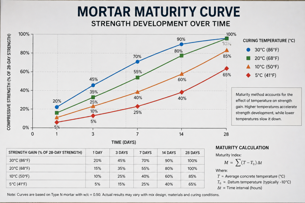 Mortar maturity calculation curve Mortar maturity curve showing strength development over time