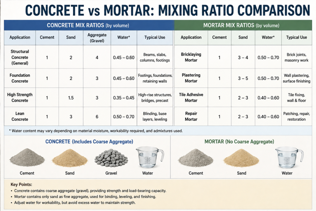Mixing ratio comparison chart Concrete vs mortar mixing ratio comparison