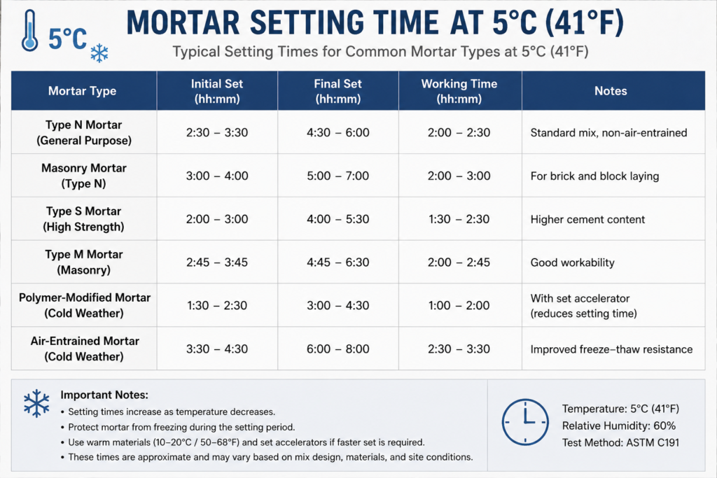 5 degree setting time chart Mortar setting time at 5 degrees Celsius