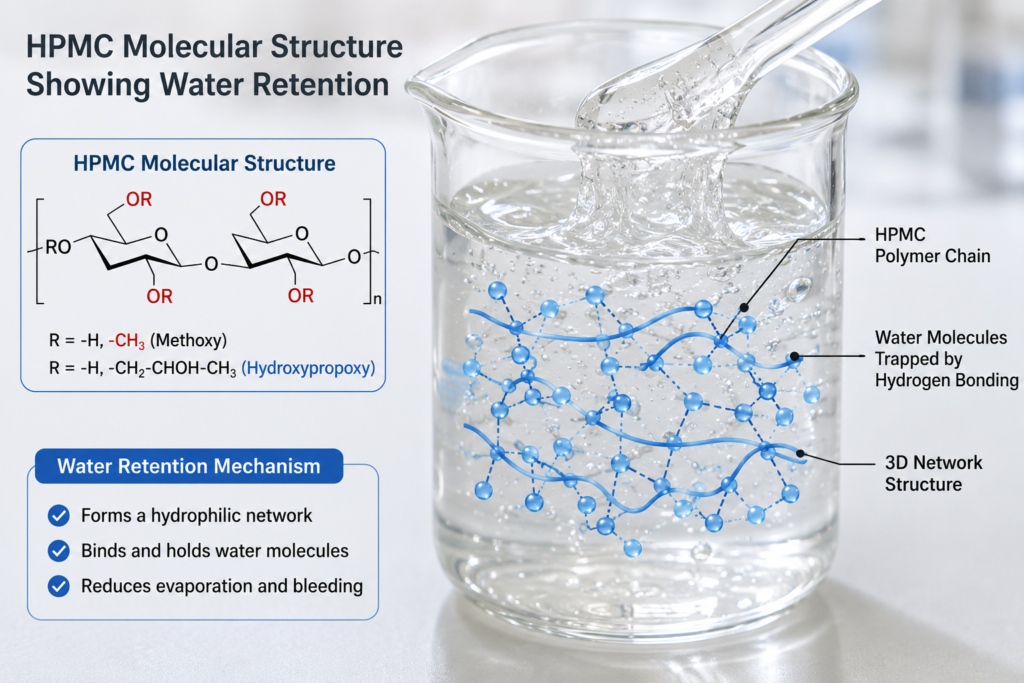 HPMC molecular structure showing water retention HPMC molecular structure showing water retention